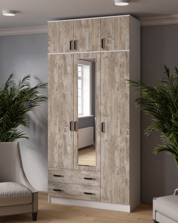 Шкаф Лагуна с антресолью с зеркалом дуб юкон (Текс) в Асбесте - asbest.mebel-e96.ru