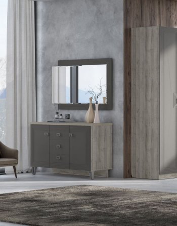 Комод 2дв, 3ящ Лежер КМ-3103 дуб серый/холст вулканический(СанТан) в Асбесте - asbest.mebel-e96.ru